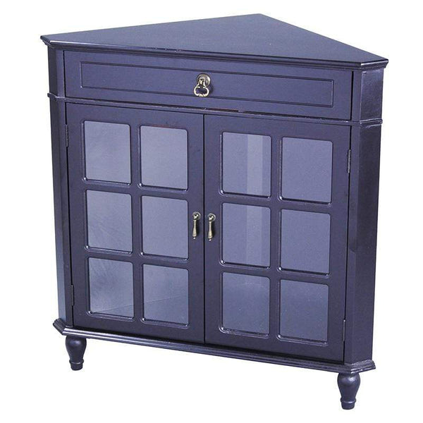 Cabinets Display Cabinet - 31" X 17" X 32" Black MDF, Wood, Clear Glass Corner Cabinet with a Drawer Doors and Paned Inserts HomeRoots