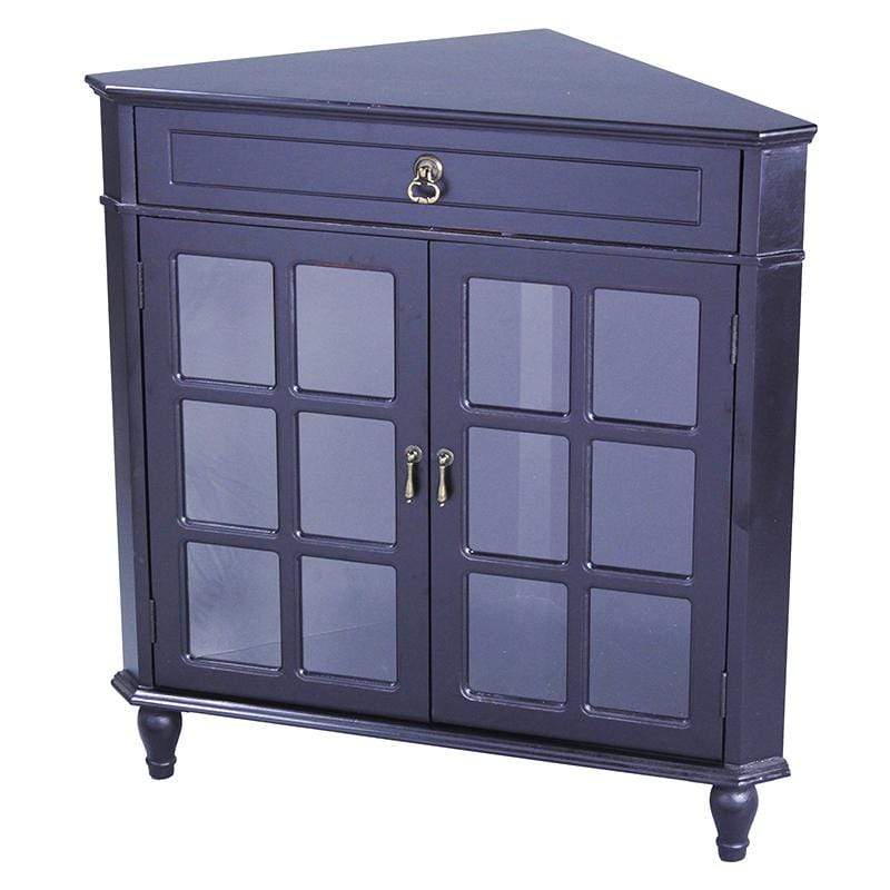 Cabinets Display Cabinet - 31" X 17" X 32" Black MDF, Wood, Clear Glass Corner Cabinet with a Drawer Doors and Paned Inserts HomeRoots