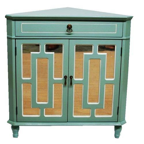 Cabinets Display Cabinet - 31" X 17" X 32" Light Blue MDF, Wood, Mirrored Glass Corner Cabinet with a Drawer and Doors HomeRoots