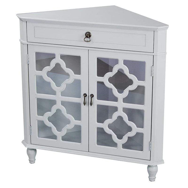 Cabinets Display Cabinet - 31" X 17" X 32" Light Sage MDF, Wood, Clear Glass Corner Cabinet with a Drawer and Doors HomeRoots
