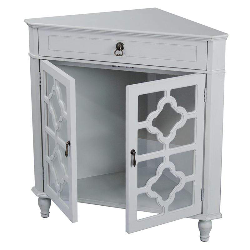 Cabinets Display Cabinet - 31" X 17" X 32" Light Sage MDF, Wood, Clear Glass Corner Cabinet with a Drawer and Doors HomeRoots