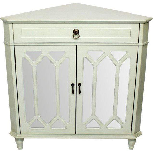 Cabinets Display Cabinet - 31" X 17" X 32" Light Sage MDF, Wood, Mirrored Glass Corner Cabinet with a Drawer and Doors HomeRoots