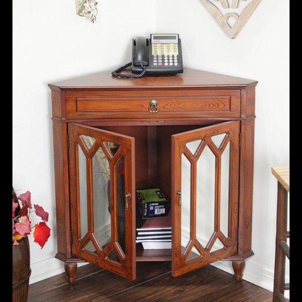 Cabinets Display Cabinet 31" X 17" X 32" Mahogany Veneer MDF, Wood, Mirrored Glass Corner Cabinet with a Drawer and Doors 1907 HomeRoots