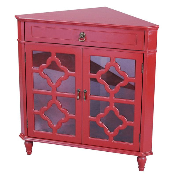 Cabinets Display Cabinet - 31" X 17" X 32" Red MDF, Wood, Clear Glass Corner Cabinet with a Drawer and Doors HomeRoots