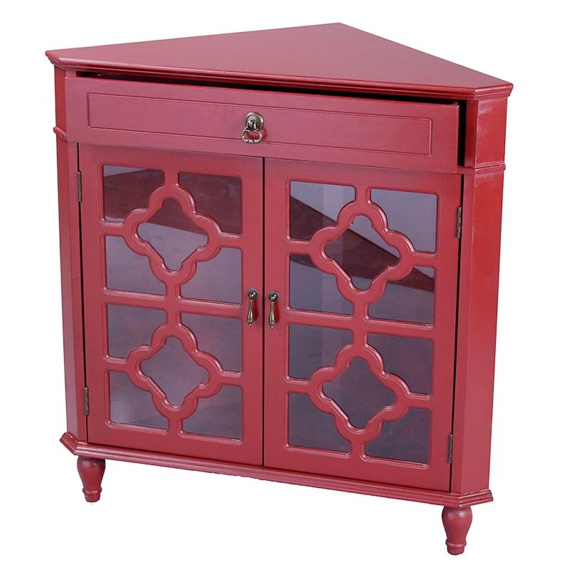 Cabinets Display Cabinet - 31" X 17" X 32" Red MDF, Wood, Clear Glass Corner Cabinet with a Drawer and Doors HomeRoots