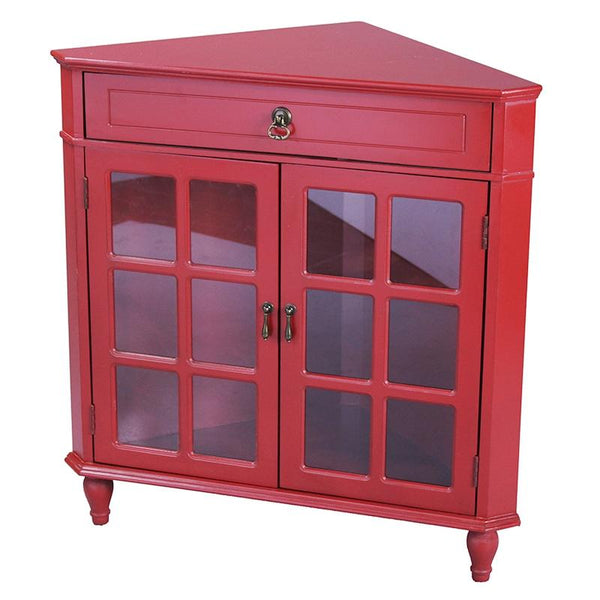 Cabinets Display Cabinet - 31" X 17" X 32" Red MDF, Wood, Clear Glass Corner Cabinet with a Drawer Doors and Paned Inserts HomeRoots