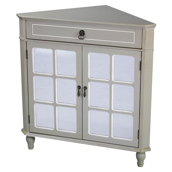 Cabinets Display Cabinet - 31" X 17" X 32" Taupe MDF, Wood, Mirrored Glass Corner Cabinet with a Drawer and Doors HomeRoots