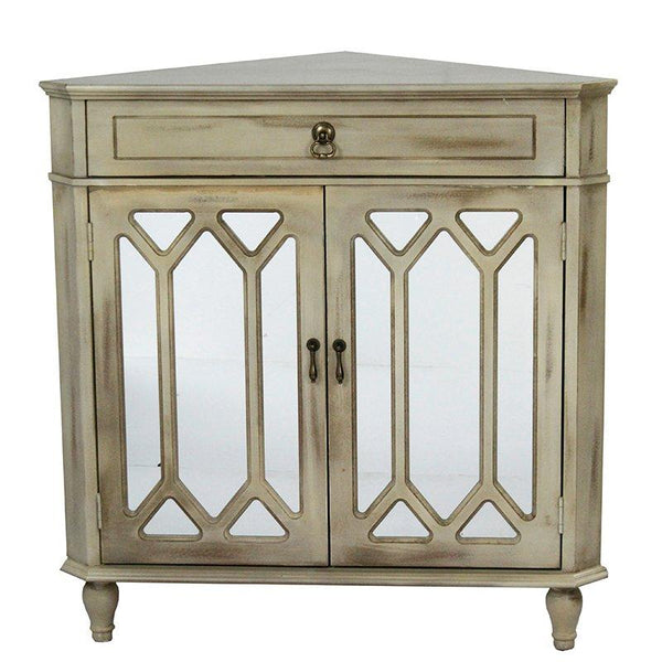 Cabinets Display Cabinet - 31" X 17" X 32" Taupe Wash MDF, Wood, Mirrored Glass Corner Cabinet with a Drawer and Doors HomeRoots