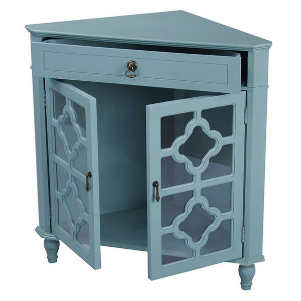 Cabinets Display Cabinet - 31" X 17" X 32" Turquoise MDF, Wood, Clear Glass Corner Cabinet with a Drawer and Doors HomeRoots