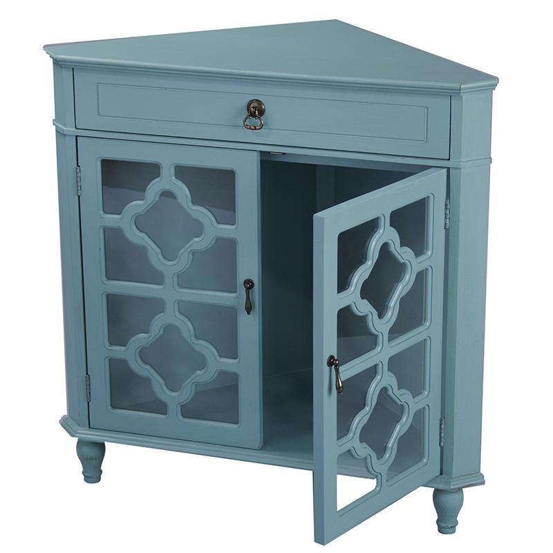Cabinets Display Cabinet - 31" X 17" X 32" Turquoise MDF, Wood, Clear Glass Corner Cabinet with a Drawer and Doors HomeRoots