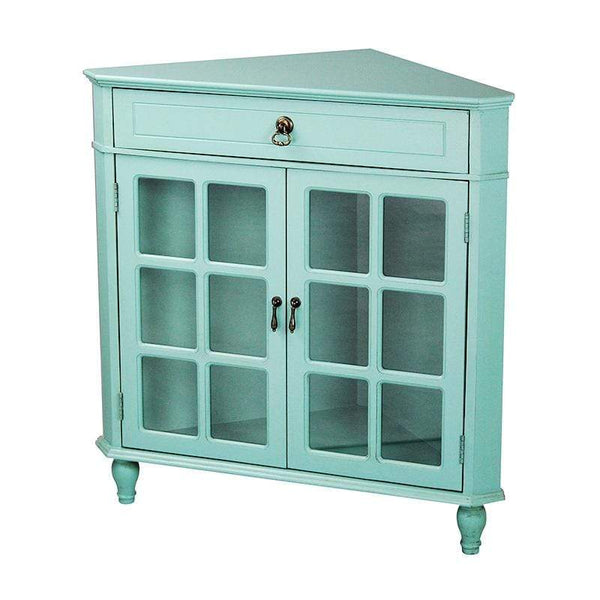 Cabinets Display Cabinet - 31" X 17" X 32" Turquoise MDF, Wood, Clear Glass Corner Cabinet with a Drawer Doors and Paned Inserts HomeRoots
