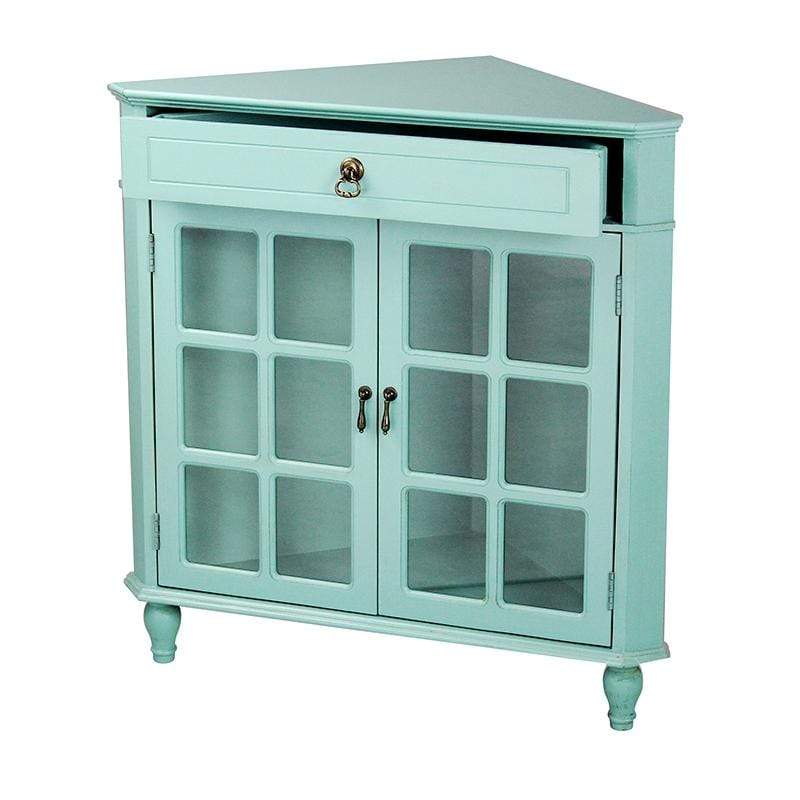 Cabinets Display Cabinet - 31" X 17" X 32" Turquoise MDF, Wood, Clear Glass Corner Cabinet with a Drawer Doors and Paned Inserts HomeRoots