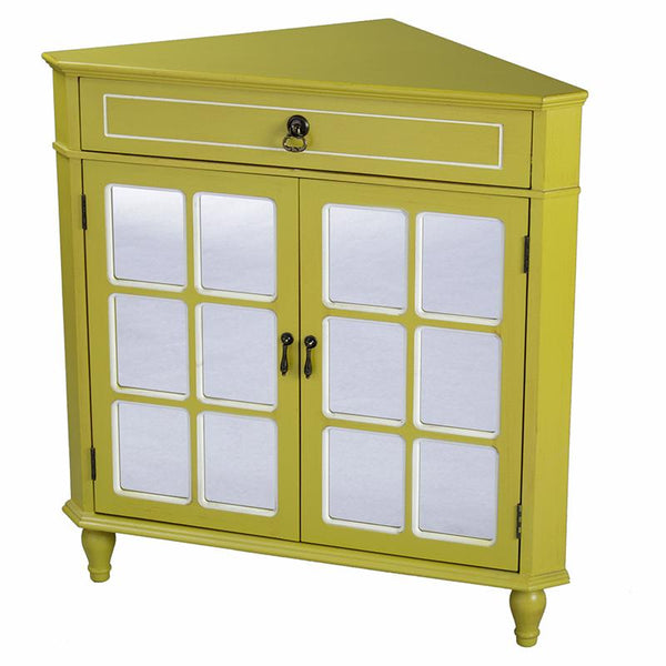 Cabinets Display Cabinet - 31" X 17" X 32" Yellow MDF, Wood, Mirrored Glass Corner Cabinet with a Drawer and Doors HomeRoots