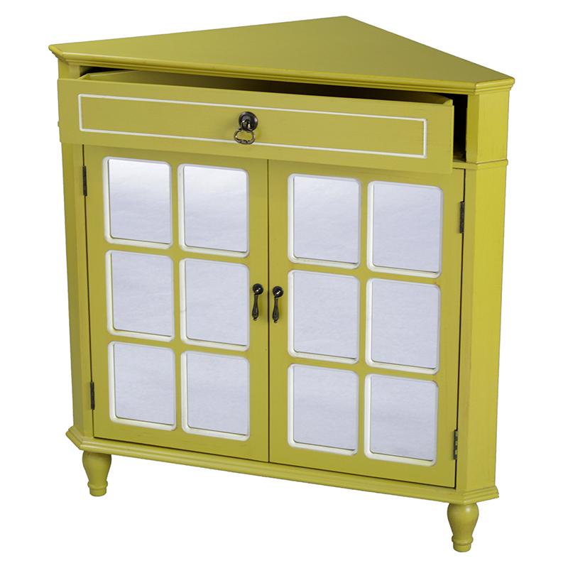 Cabinets Display Cabinet - 31" X 17" X 32" Yellow MDF, Wood, Mirrored Glass Corner Cabinet with a Drawer and Doors HomeRoots