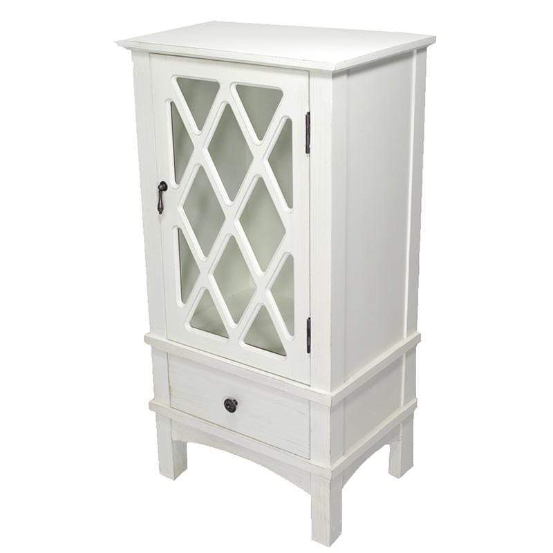 Cabinets Glass Door Cabinet 18" X 13" X 36" Antique White MDF, Wood, Clear Glass Accent Cabinet with a Door and a Drawer 1886 HomeRoots