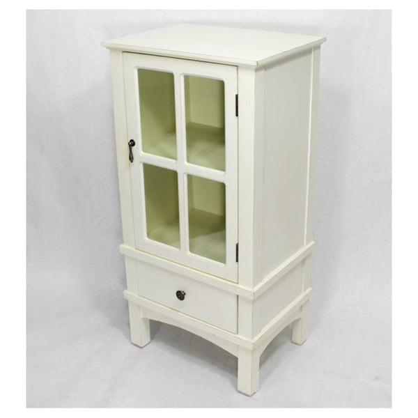 Cabinets Glass Door Cabinet - 18" X 13" X 36" Antique White MDF, Wood, Clear Glass Accent Cabinet with a Door and a Drawer HomeRoots