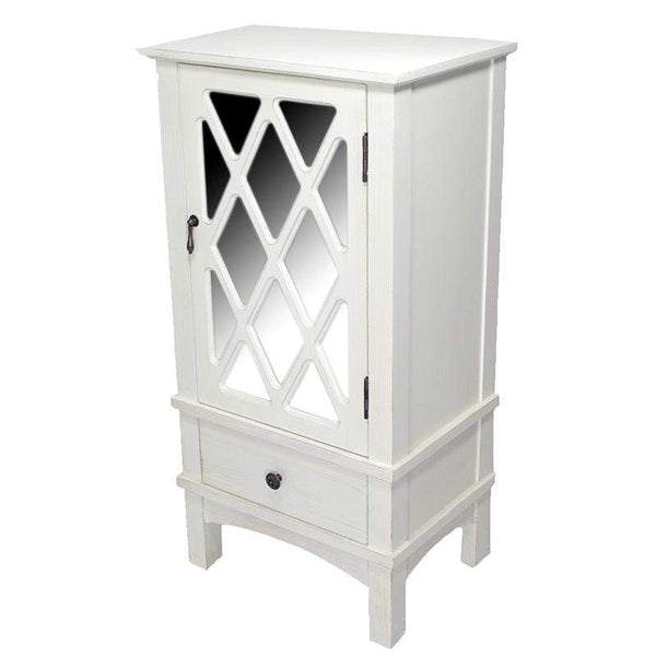 Cabinets Glass Door Cabinet - 18" X 13" X 36" Antique White MDF, Wood, Mirrored Glass Accent Cabinet with a Door and a Drawer HomeRoots