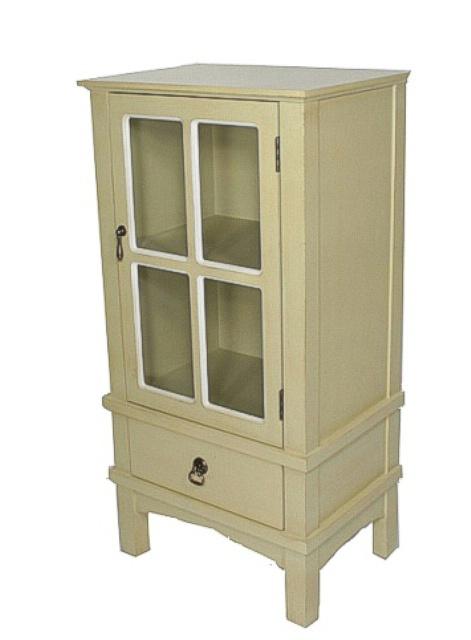 Cabinets Glass Door Cabinet - 18" X 13" X 36" Beige MDF, Wood, Clear Glass Accent Cabinet with a Door and Drawer and Paned Inserts HomeRoots