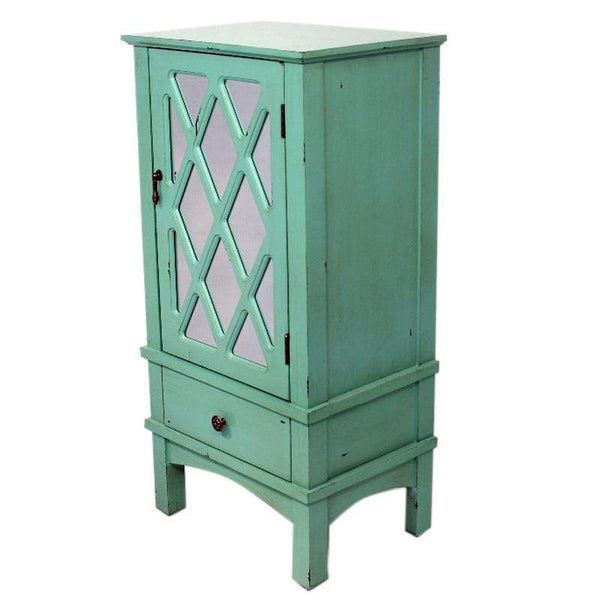 Cabinets Glass Door Cabinet - 18" X 13" X 36" Turquoise MDF, Wood, Mirrored Glass Accent Cabinet with a Door and a Drawer HomeRoots