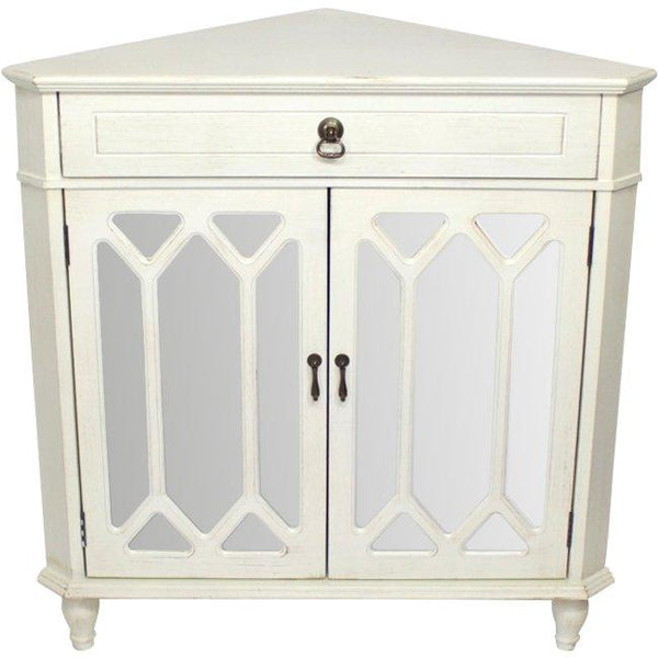 Cabinets Glass Door Cabinet - 31" X 17" X 32" Antique White MDF, Wood, Mirrored Glass Corner Cabinet with a Drawer Doors & Hexagonal Inserts HomeRoots