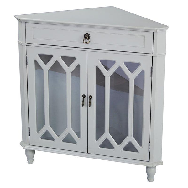Cabinets Glass Door Cabinet 31" X 17" X 32" Light Sage MDF, Wood, Clear Glass Corner Cabinet with a Drawer and Doors 1901 HomeRoots