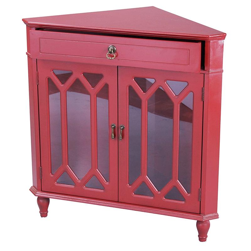 Cabinets Glass Door Cabinet - 31" X 17" X 32" Red MDF, Wood, Clear Glass Corner Cabinet with a Drawer Doors & Hexagonal Inserts HomeRoots