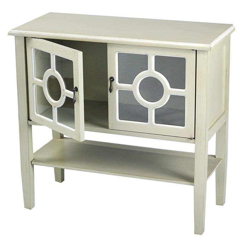 Cabinets Glass Door Cabinet - 32" X 14" X 30" Beige MDF, Wood, Clear Glass Console Cabinet with Doors and Shelf and Lattice Inserts HomeRoots