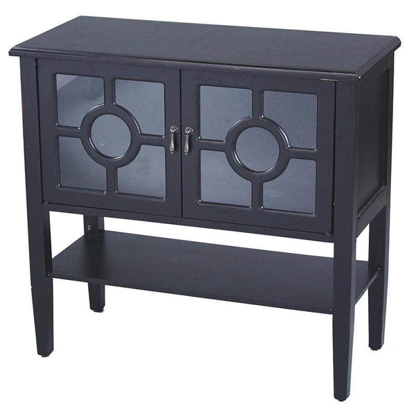 Cabinets Glass Door Cabinet - 32" X 14" X 30" Black MDF, Wood, Clear Glass Console Cabinet with Doors and Shelf and Lattice Inserts HomeRoots