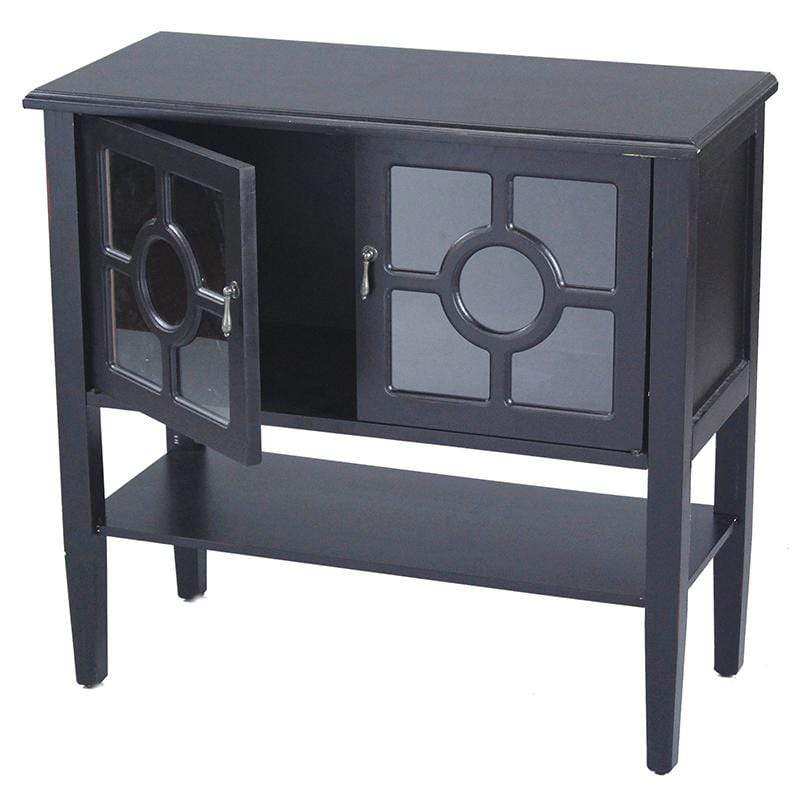 Cabinets Glass Door Cabinet - 32" X 14" X 30" Black MDF, Wood, Clear Glass Console Cabinet with Doors and Shelf and Lattice Inserts HomeRoots