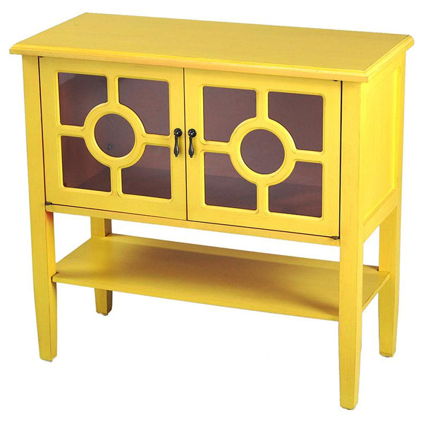 Cabinets Glass Door Cabinet - 32" X 14" X 30" Yellow MDF, Wood, Clear Glass Console Cabinet with Doors and Shelf and Lattice Inserts HomeRoots