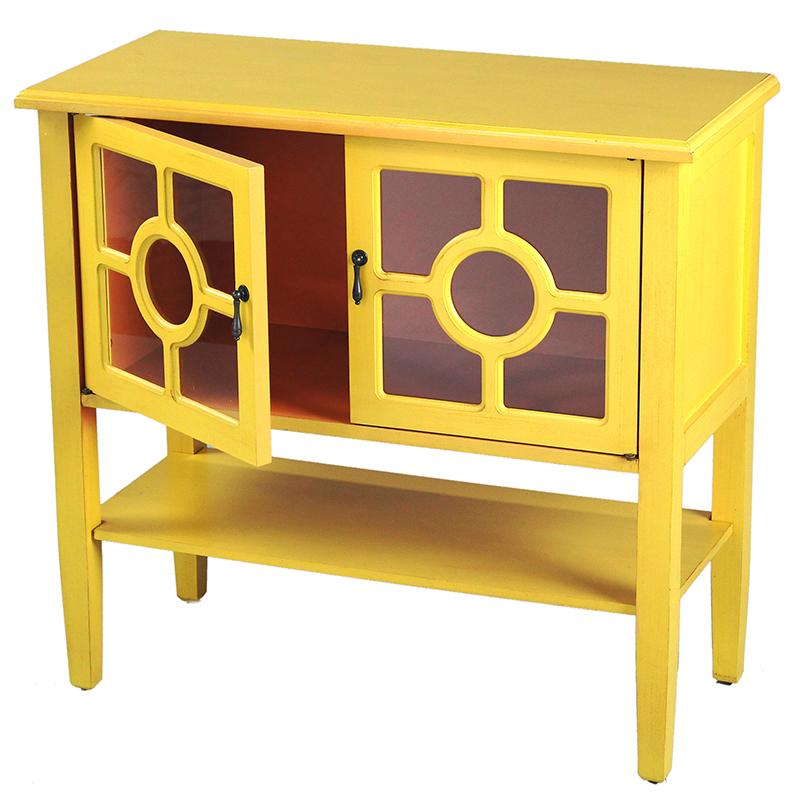 Cabinets Glass Door Cabinet - 32" X 14" X 30" Yellow MDF, Wood, Clear Glass Console Cabinet with Doors and Shelf and Lattice Inserts HomeRoots