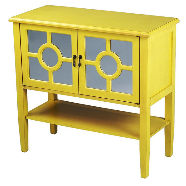 Cabinets Glass Door Cabinet - 32" X 14" X 30" Yellow MDF, Wood, Mirrored Glass Console Cabinet with Doors and a Shelf HomeRoots