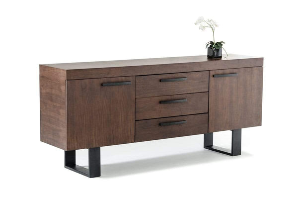 Cabinets Kitchen Buffet Cabinet - 34" Walnut Veneer and Steel Buffet with 3 Drawers and 2 Doors HomeRoots
