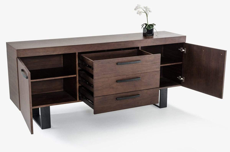 Cabinets Kitchen Buffet Cabinet - 34" Walnut Veneer and Steel Buffet with 3 Drawers and 2 Doors HomeRoots