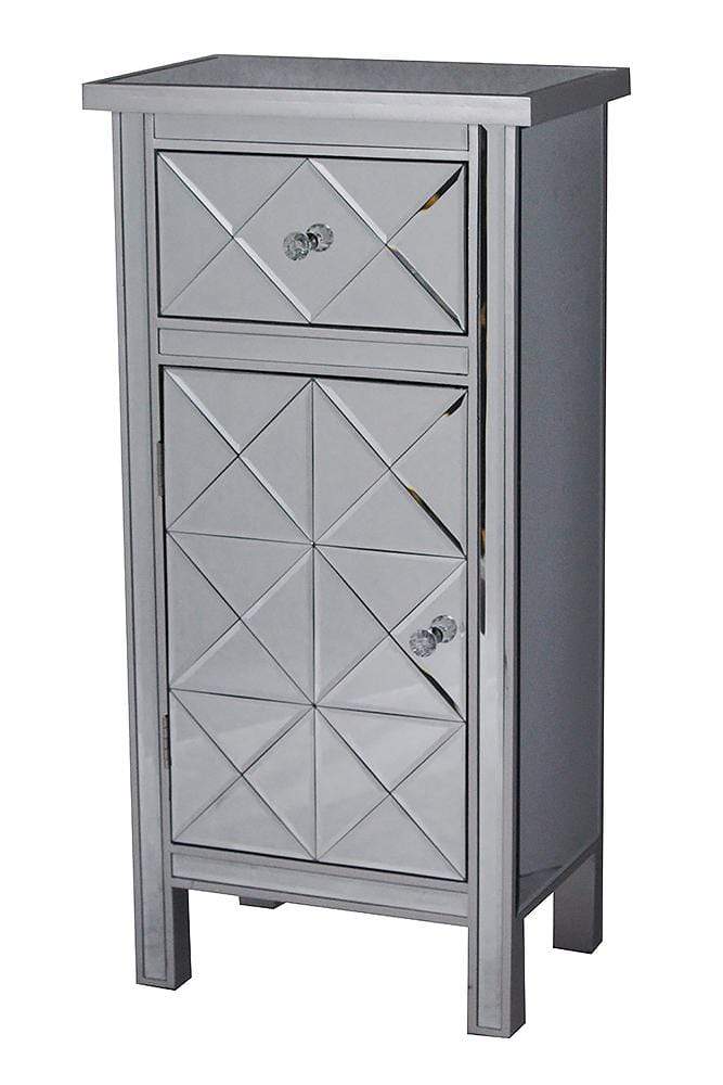 Cabinets Kitchen Cabinets - 20" X 13" X 39'.76" Silver MDF, Wood, Mirrored Glass Tall Accent Cabinet with Beveled Mirror Drawer and Door HomeRoots