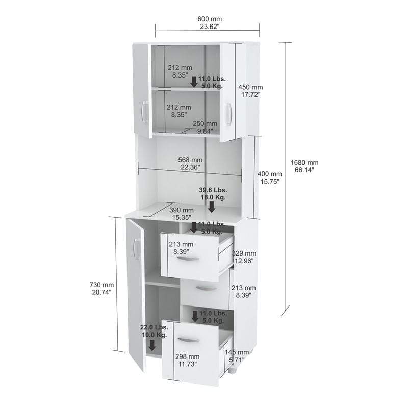 Cabinets Kitchen Cabinets - 66.1" White Melamine and Engineered Wood Kitchen Storage Cabinet HomeRoots
