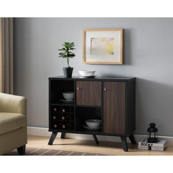 Cabinets Spacious Wooden Buffet With Angled Legs, Black And Dark Walnut Brown Benzara