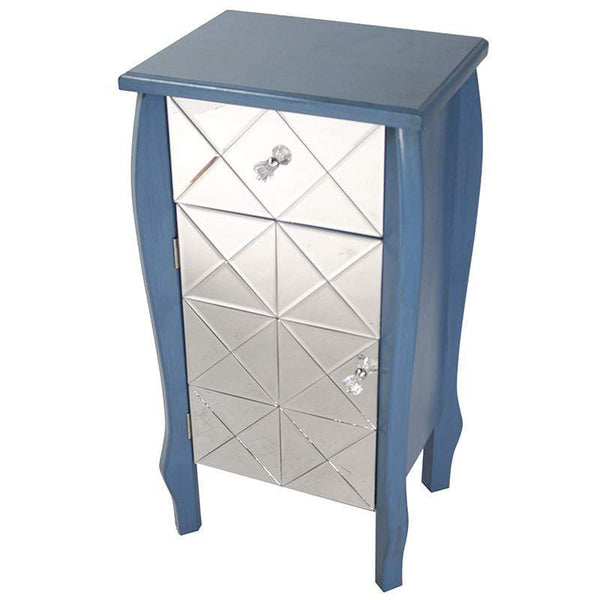 Cabinets Storage Cabinets - 17'.3" X 13" X 32'.7" Blue MDF, Wood, Mirrored Glass Accent Cabinet with Beveled Mirrored Drawer and Door HomeRoots