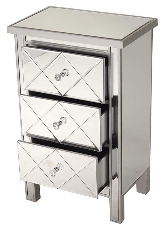 Cabinets Storage Cabinets - 20" X 13" X 31" Silver MDF, Wood, Mirrored Glass Accent Cabinet with Beveled Mirrored Drawers HomeRoots