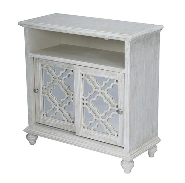Cabinets Storage Cabinets - 32" X 14" X 32" Distressed White MDF, Wood, Mirrored Glass Entertainment Cabinet with Doors HomeRoots