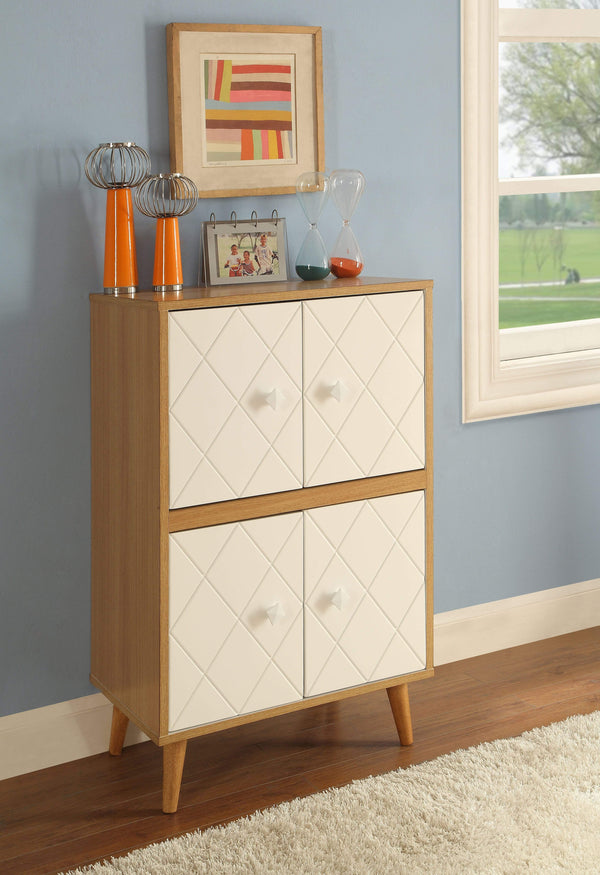 Wooden Accent Cabinet with Diamond Grid Patterned Door Fronts, Brown & White