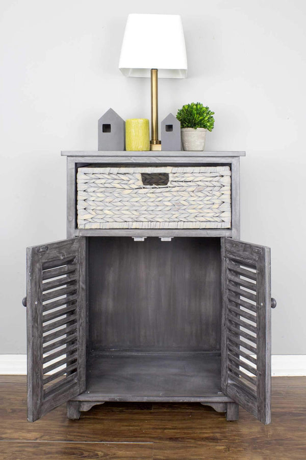 Cabinets Wooden Cabinet - 21'.75" X 13'.75" X 32" Grey Wood, MDF, Water Hyacinth Water Hyacinth Basket, a Door Accent Cabinet HomeRoots