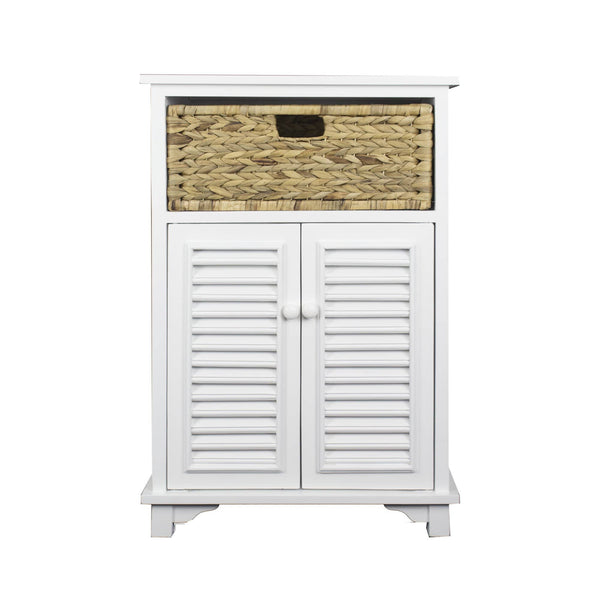 Cabinets Wooden Cabinet - 21'.75" X 13'.75" X 32" White Wood, MDF, Water Hyacinth Water Hyacinth Basket Door Accent Cabinet HomeRoots