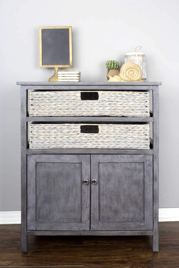 Cabinets Wooden Cabinet - 26'.5" X 15" X 31'.5" Grey Wood, MDF, Water Hyacinth Water Hyacinth Basket, a Door Accent Cabinet HomeRoots