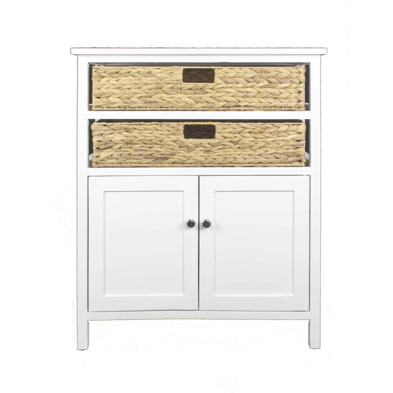 Cabinets Wooden Cabinet - 26'.5" X 15" X 31'.5" White Wood, MDF, Water Hyacinth Water Hyacinth Basket, a Door Accent Cabinet HomeRoots