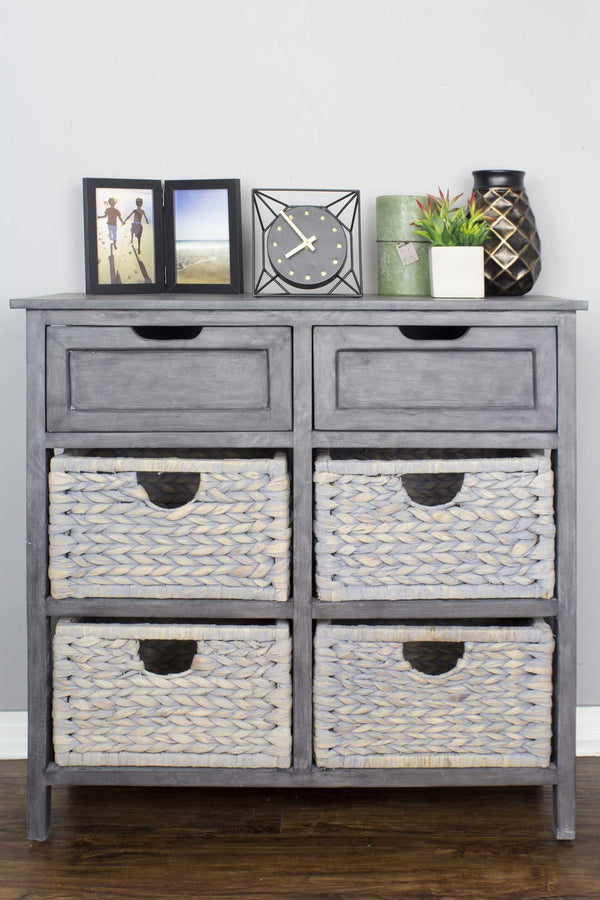 Cabinets Wooden Cabinet - 30" X 13" X 28" Grey Wood, MDF, Water Hyacinth Water Hyacinth Drawer with Basket and Accent Cabinet HomeRoots