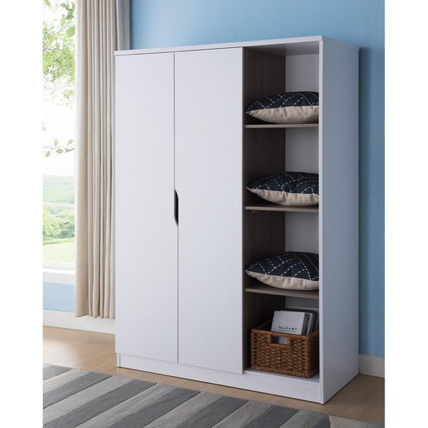 Wooden Wardrobe With Open Side Shelves, White And Brown