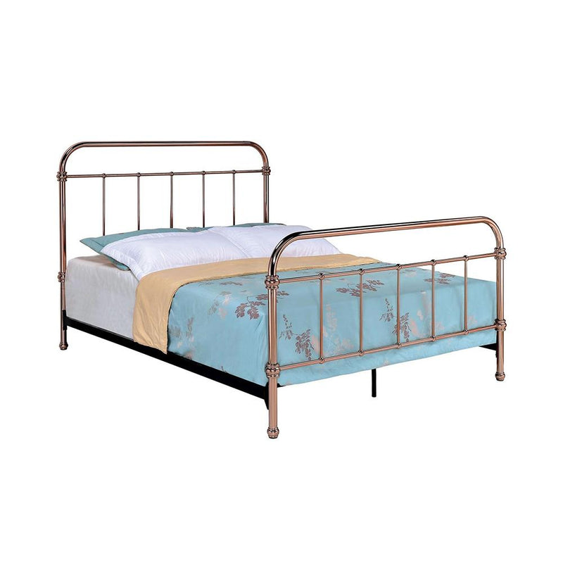 California King Bed with 5 Spindle Accents, Copper-Panel Beds-Copper-Metal-JadeMoghul Inc.