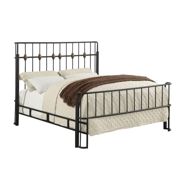 California King Bed with Thin Metal Spindle Headboard And Footboard, Black-Bedroom Furniture-Black-Metal Wood-JadeMoghul Inc.