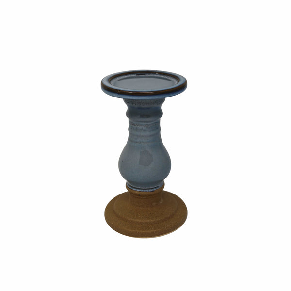 Candle & Votive Holders Pedestal Shape Two Tone Ceramic Candle Holder, Small, Blue and Brown Benzara